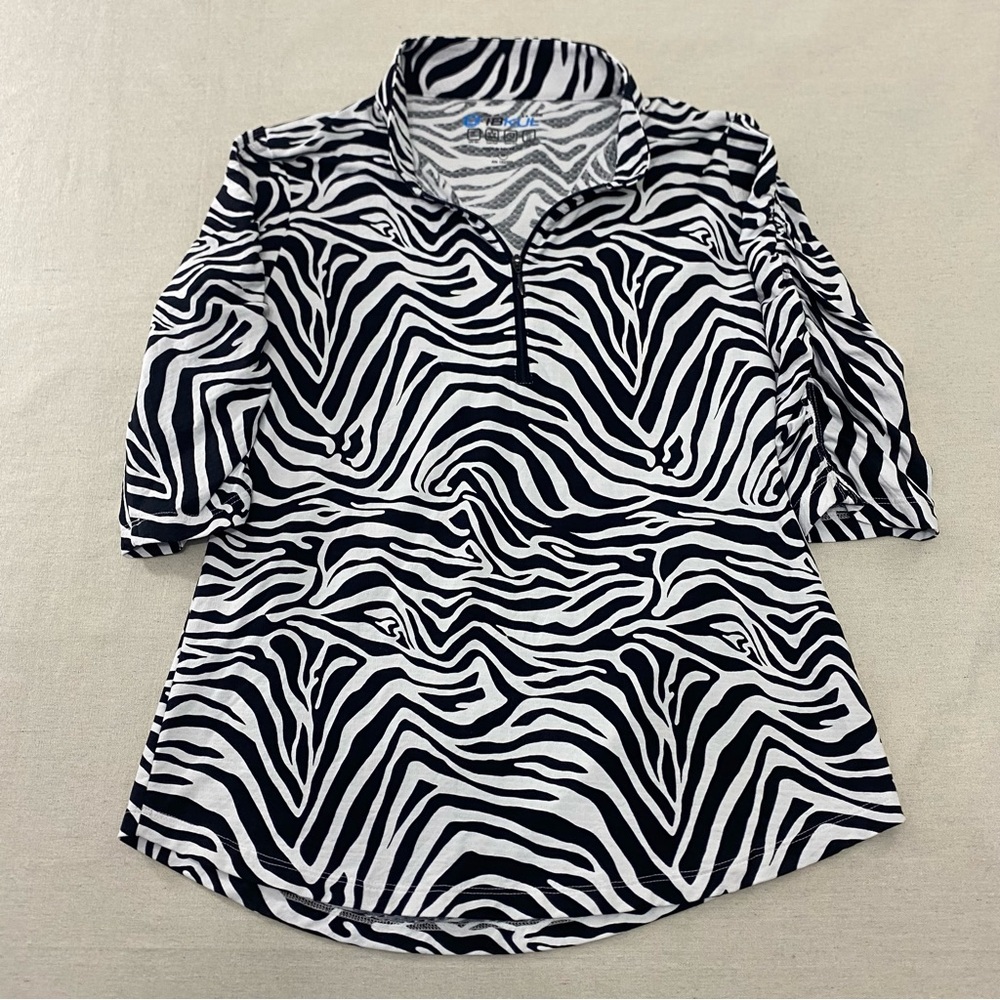 Ibkul Women Top M 1/4 Zip Mock Neck Zebra Print 3/4 Sleeve Lightweight Golf